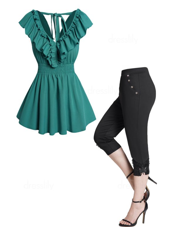 Ensemble de Débardeur Noué en Dentelle en Couleur Unie à Volants à Col V et Legging Capri Applique - multicolor S