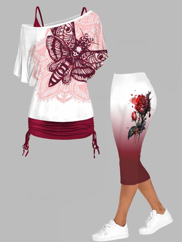 Ensemble de Tops Décontractés à Imprimé Papillon et Fleurs avec Bretelles Spaghetti et Legging Capri - multicolor S