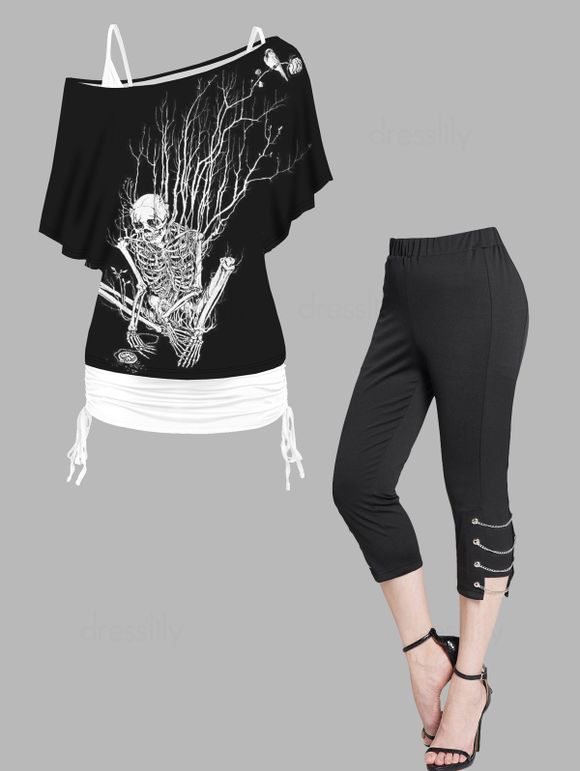 Skeleton Print Oblique Shoulder Cinched Ruched Tops and Lace Up Eyelet Capri Pants Casual Outfit - multicolor S
