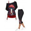Ensemble de Legging à Taille Elastique et Tops Décontractés Plissés à Imprimé Champignon à Epaule Dénudée - multicolor S