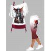 Ensemble Décontracté de Tops Plissés à Imprimé Rose et Statue à Col Oblique et Legging Capri - multicolor S