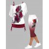 Ensemble de Tops Froncés Cintrés à Imprimé Rose à Col Oblique et Legging Capri Ombré en Blocs de Couleurs - multicolor S