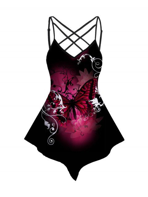 Butterfly Print Camisole Adjustable Lattice Spaghetti Strap Asymmetrical Hem Top