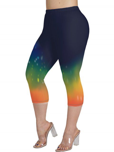 Plus Size Rainbow Print Capri Leggings Elastic Waist Cropped Leggings
