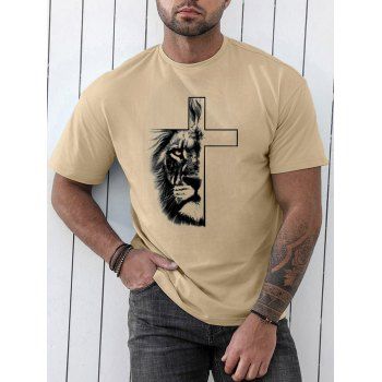 

Cross Lion Pattern T Shirt Short Sleeve Round Neck Casual Tee, Light coffee