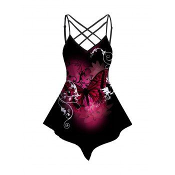 

Butterfly Print Camisole Adjustable Lattice Spaghetti Strap Asymmetrical Hem Top, Black