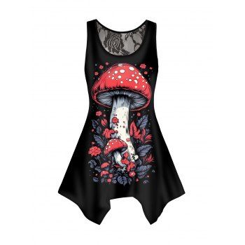 

Mushroom Print Tank Top U Neck Asymmetrical Hem Casual Top, Black