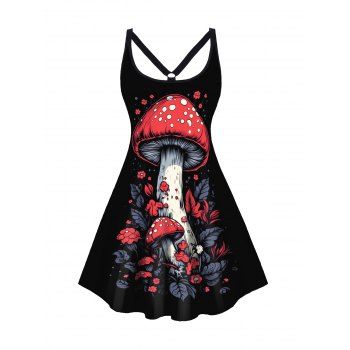 

Plus Size Mushroom Print Tank Dress U Neck Curve Casual Mini A Line Dress, Black