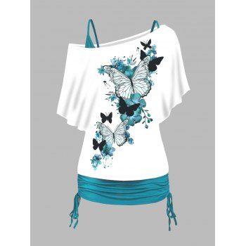 

Colored Butterfly Print Skew Neck T Shirt And Plain Cinched Ruched Long Tank Top Colorblock Set, Light green