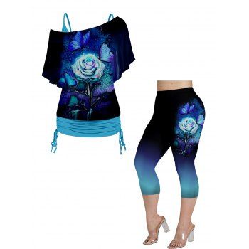 

Plus Size Rose and Butterfly Print Skew Neck Cinched Long Tops and Ombre Capri Leggings Casual Outfit, Blue