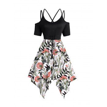 

Flower Print Lace Up Dress Cold Shoulder Dual Strap Handkerchief Hem Dress, White