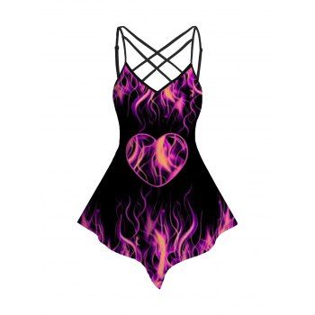 

Psychedelic Heart Allover Print Camisole Top Lattice Spaghetti Strap Asymmetrical Top, Purple