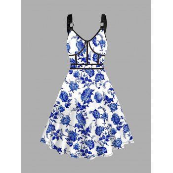 

Plus Size Porcelain Allover Print Corset Style Dress O Ring V Neck A Line Trendy Midi Dress, Blue