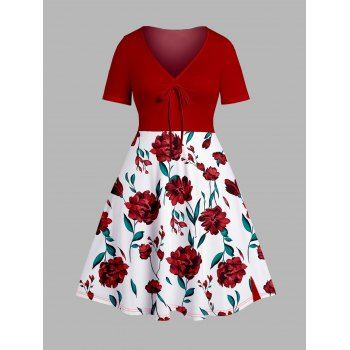 

Plus Size Flower Print Dress V Neck Short Sleeve A Line Casual Dress, Red