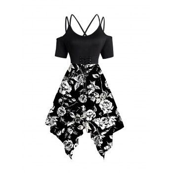 

Rose Print Lace Up Dress Cold Shoulder Dual Strap Handkerchief Hem Dress, Black