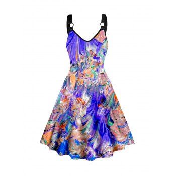 

Psychedelic Allover Print Tank Dress O Ring A Line Trendy Dress, Multicolor