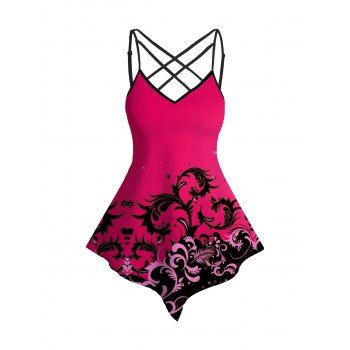 

Printed Lattice Camisole Adjustable Spaghetti Strap Asymmetrical Hem Top, Red
