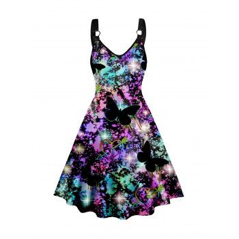 

Starlight and Butterfly Print Tank Dress O Ring V Neck A Line Midi Dress, Multicolor