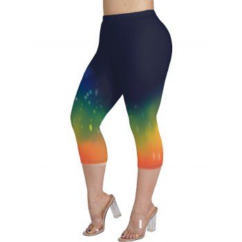 

Plus Size Rainbow Print Capri Leggings Elastic Waist Cropped Leggings, Deep blue