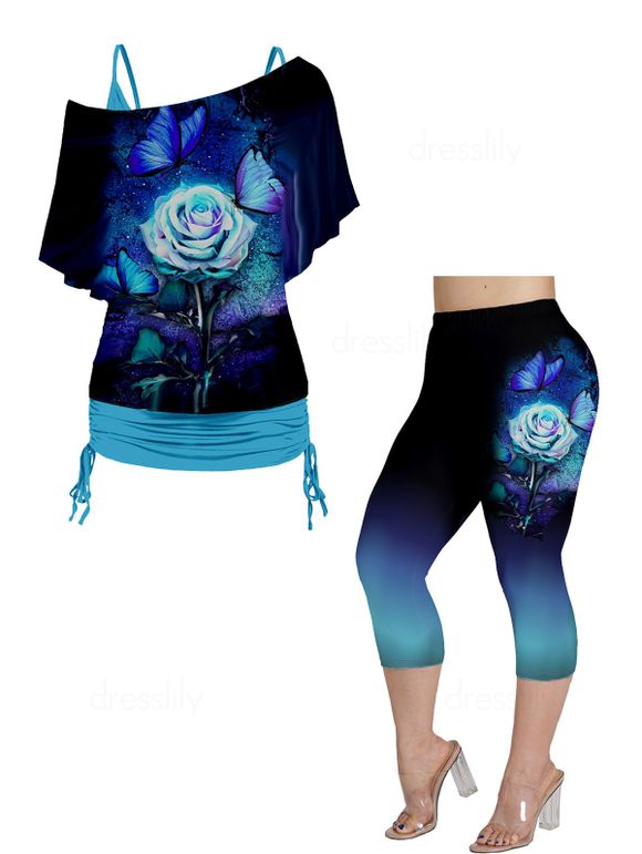 Plus Size Rose and Butterfly Print Skew Neck Cinched Long Tops and Ombre Capri Leggings Casual Outfit - BLUE L