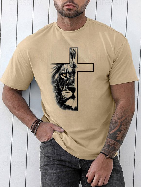 T-shirt Décontracté Motif de Lion Croisé à Manches Courtes à Col Rond - café lumière XXXL