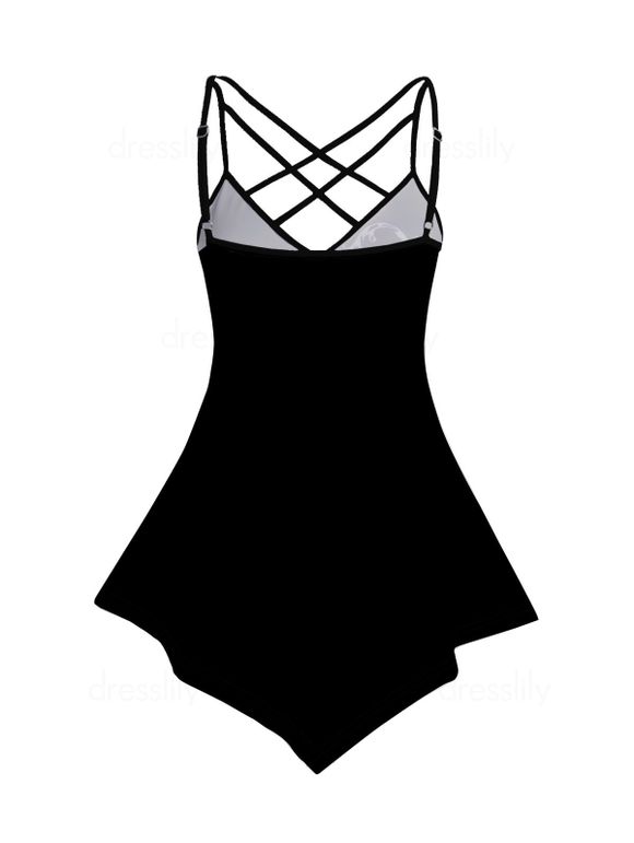 Haut à Bretelle Fine Ajustable en Treillis à Imprimé Papillon à Ourlet Asymétrique - Noir S