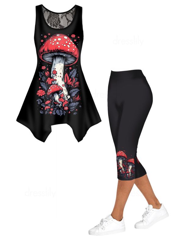 Ensemble de Débardeur Asymétrique à Imprimé Champignon à Col en U et Legging Capri - multicolor S