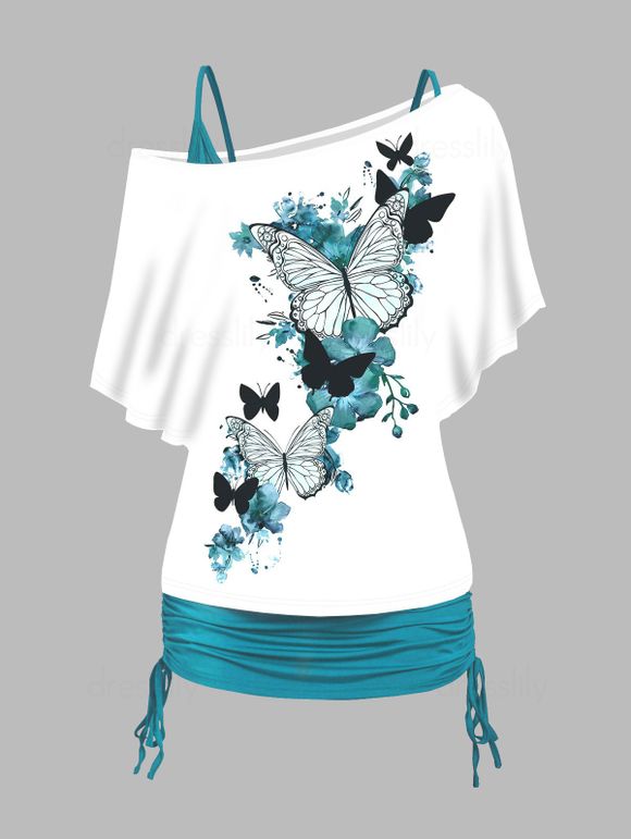 Ensemble de T-shirt à Imprimé Papillon Coloré à Col Oblique et de Débardeur Froncé et Cintré Long à Volants - Vert clair XL