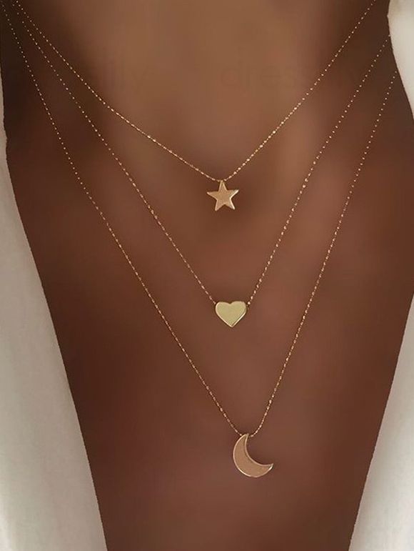 Collier Chaîne Superposé Motif de Lune et D'Etoile - d'or 