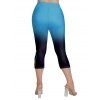 Plus Size Feather Print Oblique Shoulder Cinched Ruched Long Tops and Ombre Capri Leggings Casual Outfit - BLUE L