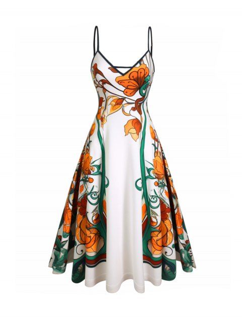 Vacation Flower Print Sundress Spaghetti Strap Sleeveless A Line Dress
