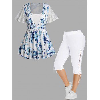 

Plus Size Flower Allover Print Lace Fresh Style Top and Lace Up Eyelet Capri Leggings Casual Outfit, Light blue