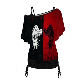 

Wing Print Skew Neck T Shirt and Cinched Ruched Long Camisole Set, Black