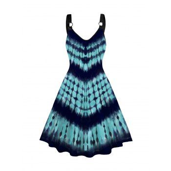 

Plus Size Tie Dye Print Tank Dress O Ring V Neck A Line Casual Dress, Blue