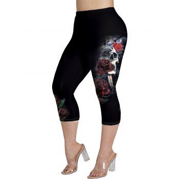 

Plus Size Skull and Rose Print Capri Leggings Elastic Waist Cropped Casual Leggings, Black