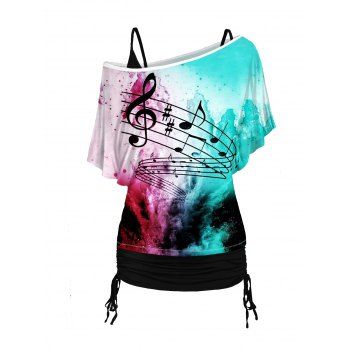 

Music Note Print Skew Neck T Shirt and Cinched Ruched Long Camisole Set, Multicolor