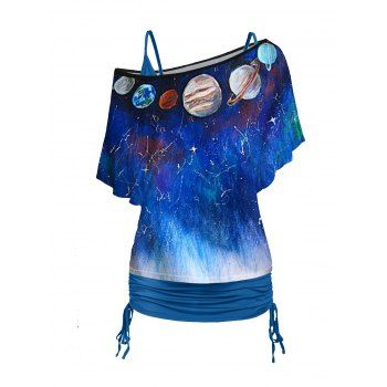 

Celestial Body Print Skew Neck T Shirt and Cinched Ruched Long Camisole Trendy Set, Blue