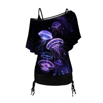 

Dreamy Jellyfish Print Oblique Shoulder T Shirt and Cinched Spaghetti Strap Long Camisole Set, Black