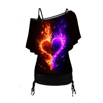 

Flame and Heart Print T Shirt and Cinched Ruched Long Camisole Casual Set, Black