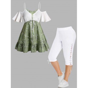 

Plus Size Flower Print Cold Shoulder Ruffle Long T Shirt and Eyelet Capri Leggings Casual Outfit, Light green