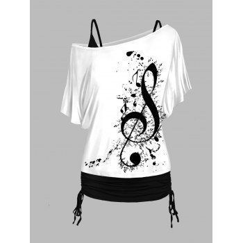 

Music Note Print Skew Neck T Shirt and Cinched Ruched Long Camisole Set, White