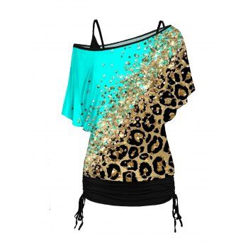 

Leopard Print Oblique Shoulder T Shirt and Cinched Ruched Spaghetti Strap Camisole Set, Multicolor