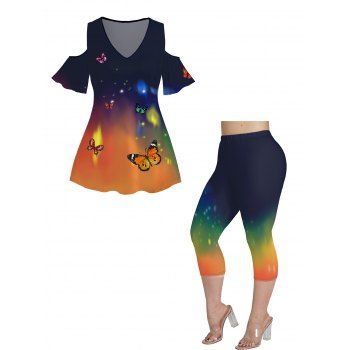 

Plus Size Ombre Print Cold Shoulder T Shirt and Elastic Waist Capri Leggings Casual Outfit, Multicolor a