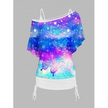 

Dreamy Butterfly Galaxy Print T Shirt and Cinched Ruched Long Camisole Casual Set, Multicolor