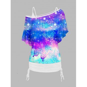 

Dreamy Butterfly Galaxy Print T Shirt and Cinched Ruched Long Camisole Casual Set, White