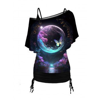 

Dreamy Butterfly Galaxy Print T Shirt and Cinched Ruched Long Camisole Casual Set, Black