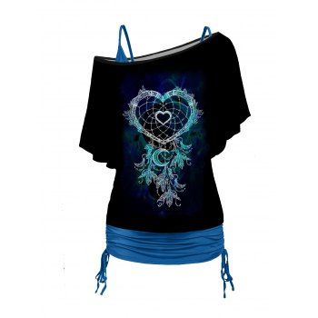 

Dreamcatcher Print Oblique Shoulder T Shirt and Cinched Ruched Long Camisole Set, Black