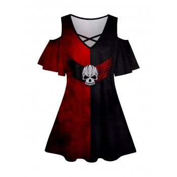 

Half and Half Print T Shirt Cold Shoulder Crisscross Casual Top, Deep red