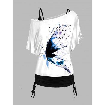 

Aquarelle Butterfly Print T Shirt and Cinched Ruched Long Camisole Casual Set, White