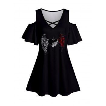 

Wing and Heart Print T Shirt Cold Shoulder Crisscross Flutter Sleeve Top, Black